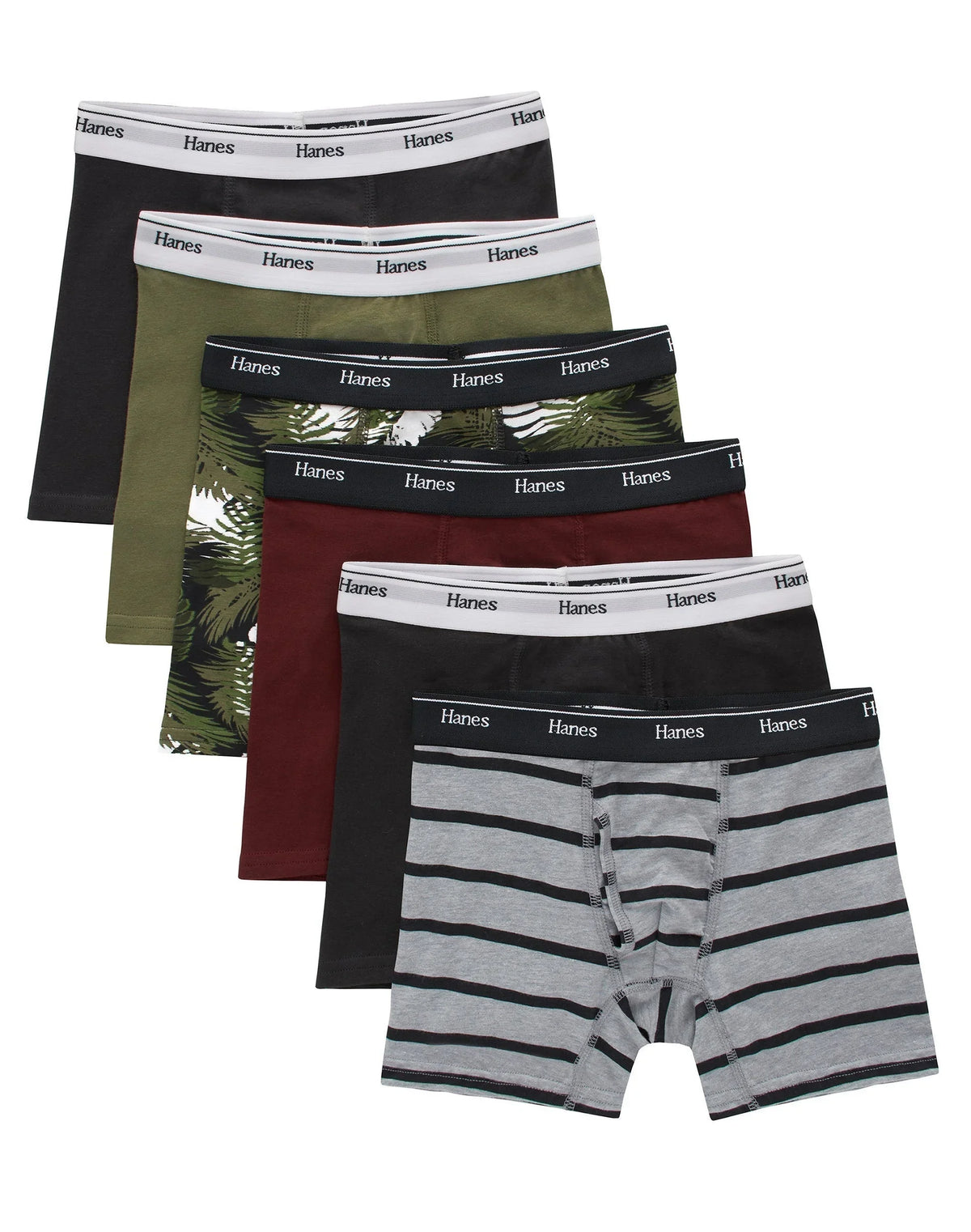 Hanes Originals Boys' Tween Boxer Briefs Pack, Olive Palm Print & Assorted, 6-Pack Main image