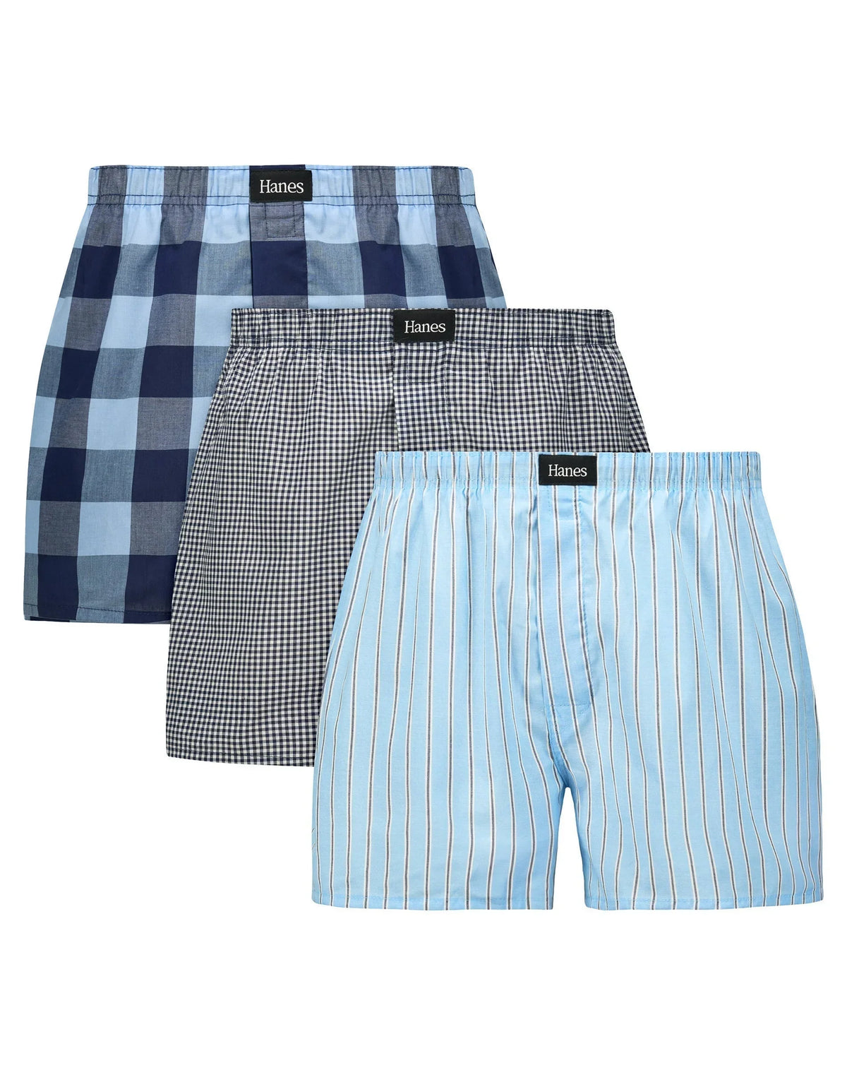 Hanes Originals Ultimate Men's Cotton Stretch Woven Boxer Underwear, Blue Plaids/Prints, 3-Pack Main image