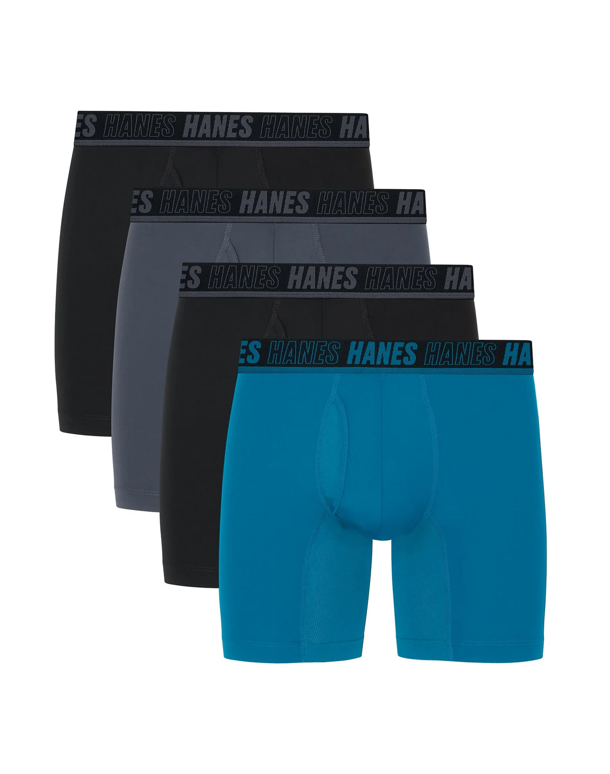 Hanes Moves Ultimate Men’s Anti-Chafe Boxer Brief Underwear, X-Temp, Black/Grey/Ocean Blue, 4-Pack, 6" Main image