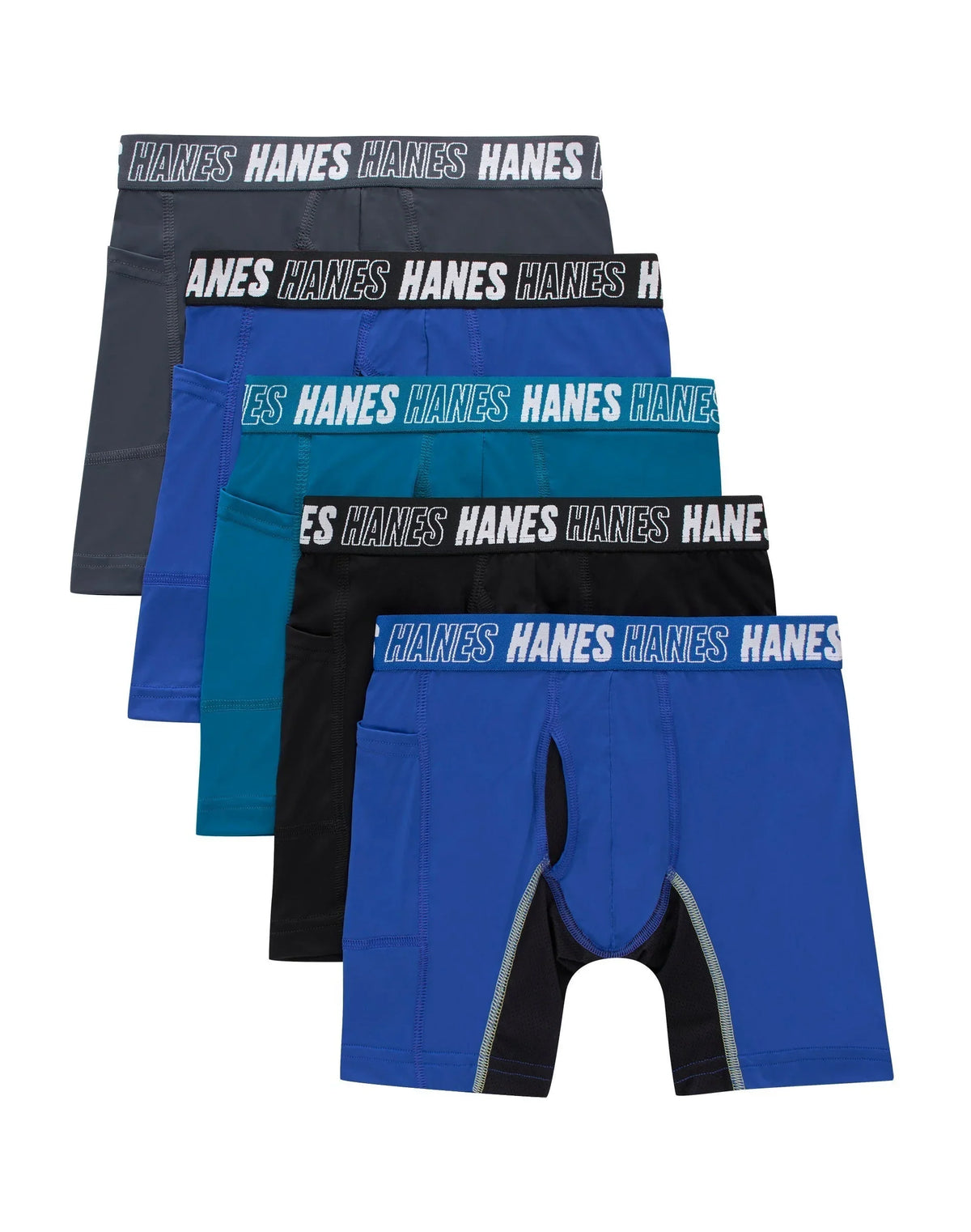 Hanes Moves Boys' Anti-Chafe Long Leg Boxer Brief Underwear, Black/Grey/Blue/Ocean, 5-Pack Main image