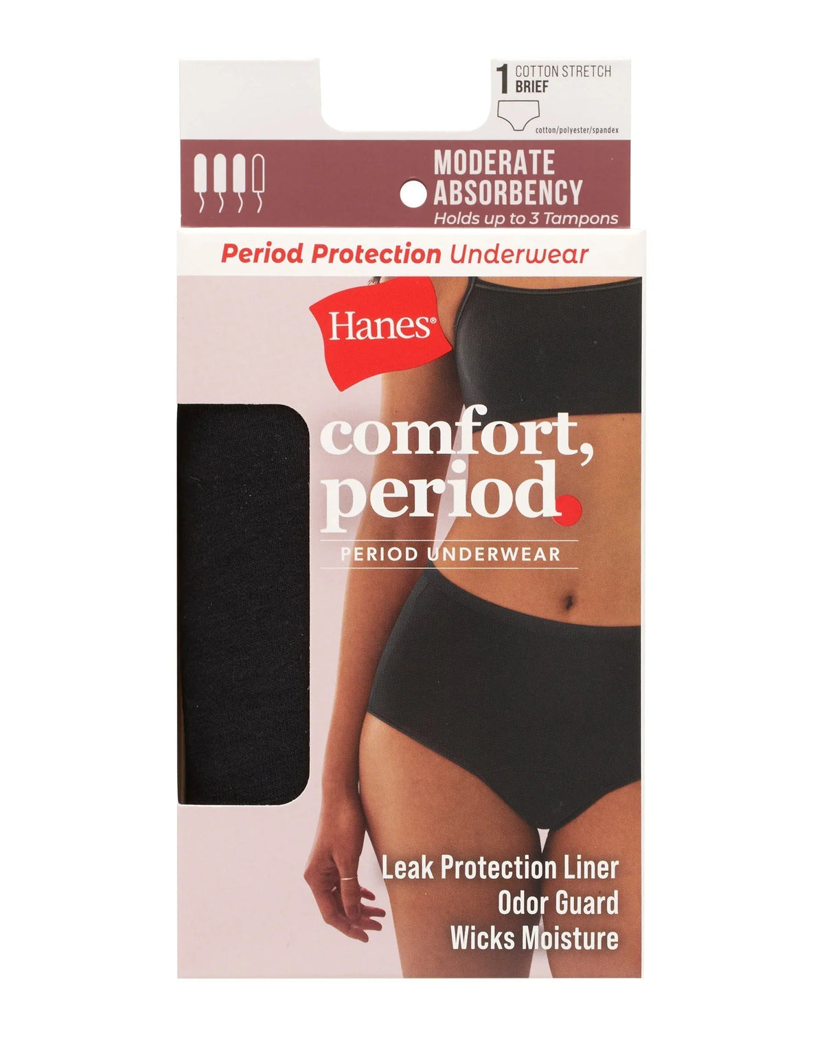 Hanes Comfort, Period. Women's Brief Period Underwear, Moderate Leaks, 1-Pack Main image