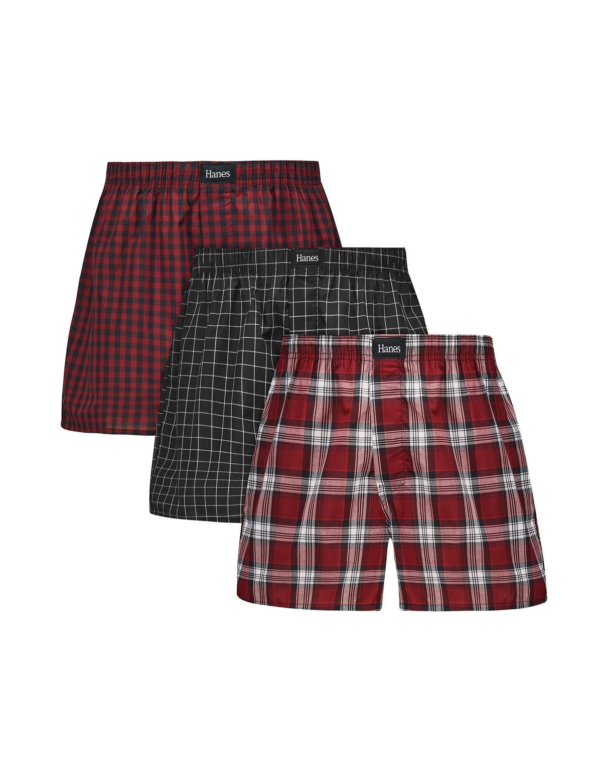 Hanes Originals Ultimate Men's Cotton Stretch Woven Boxer Underwear, Red/Black Plaids, 3-Pack Main image
