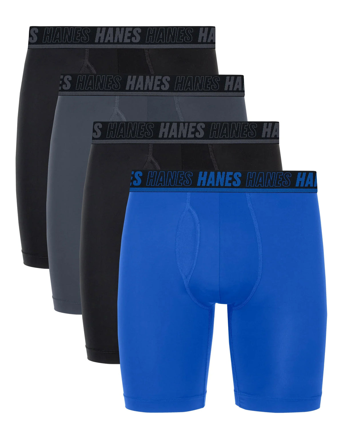 Hanes Moves Ultimate Men’s Anti-Chafe Long Leg Boxer Brief Underwear, Total Support Pouch, X-Temp, Black/Grey/Blue, 4-Pack, 8” Main image
