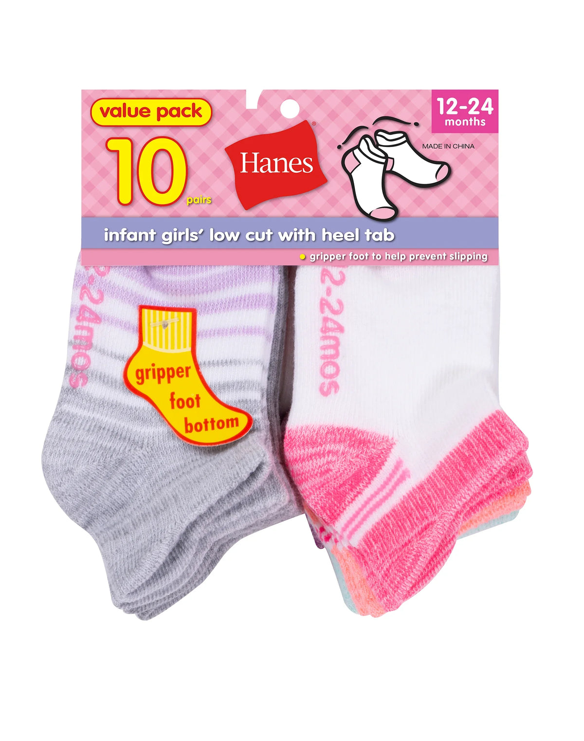 Hanes Infant/Toddler Girls' Heel Shield Socks, Gripper Foot Bottom, 10-Pairs Main image