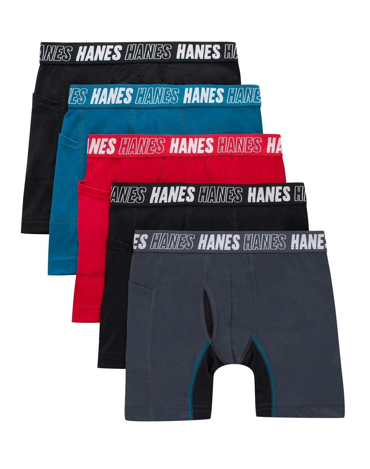 Hanes Moves Boys' Anti-Chafe Long Leg Boxer Brief Underwear, Black/Grey/Red/Ocean, 5-Pack Main image