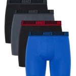 Hanes Moves Ultimate Men's Anti-Chafe Boxer Brief Underwear, Total Support Pouch, X-Temp, Black/Grey/Blue, 4-Pack, 6 #UMSBG4