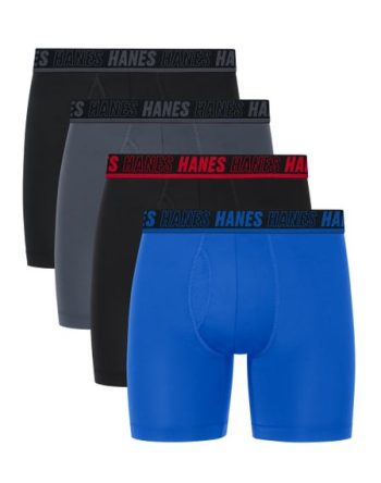 Hanes Moves Ultimate Men's Anti-Chafe Boxer Brief Underwear, Total Support Pouch, X-Temp, Black/Grey/Blue, 4-Pack, 6 #UMSBG4