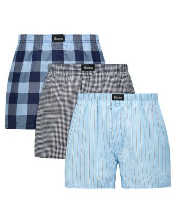 Hanes Originals Ultimate Men's Cotton Stretch Woven Boxer Underwear, Blue Plaids/Prints, 3-Pack #UOGWC3