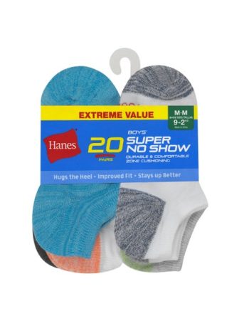 Hanes Boys' Super No Show Socks, Super Value Pack, 20-Pairs #HBSN20