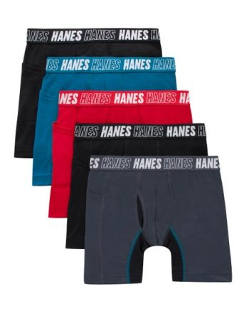 Hanes Moves Boys' Anti-Chafe Long Leg Boxer Brief Underwear, Black/Grey/Red/Ocean, 5-Pack #BRACLD