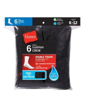 Hanes Double Tough Men's Cushion Crew Socks, Shoe Sizes 6-12, 6-Pairs #185L6